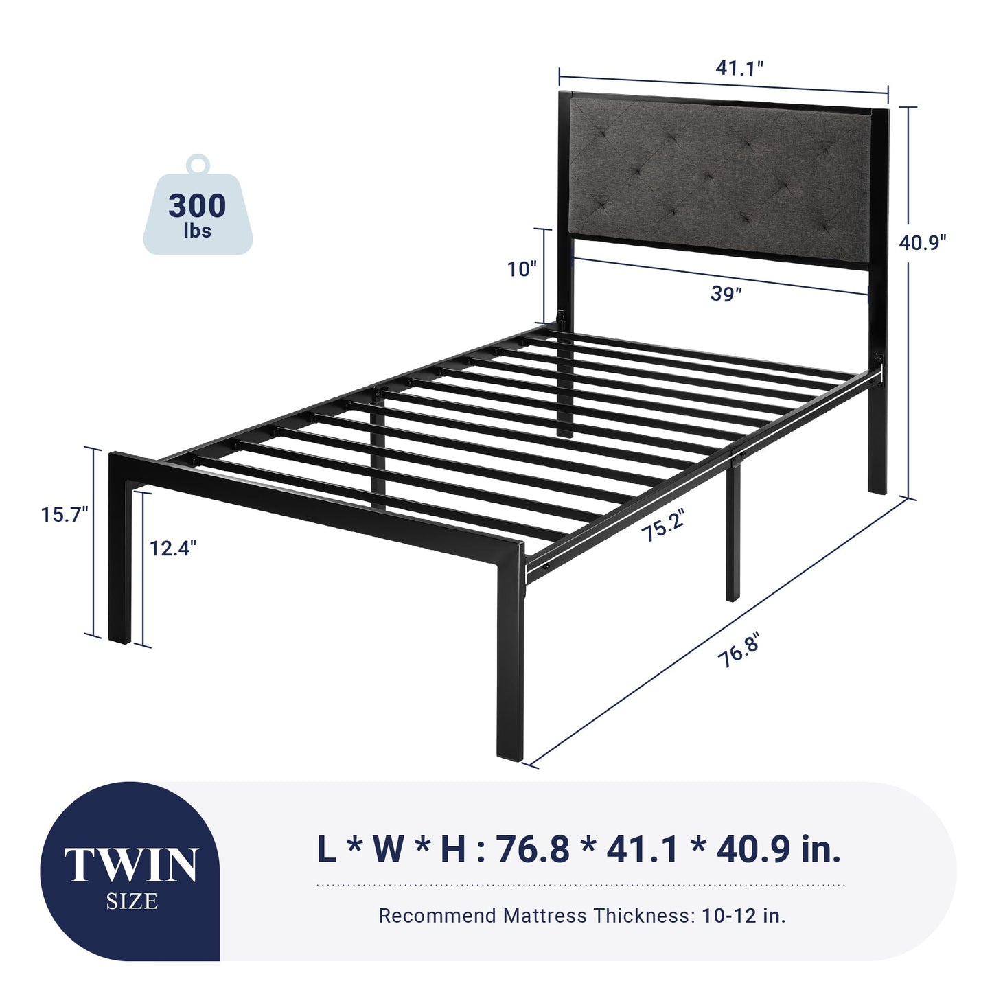 Allewie Twin Bed Frame with Upholstered Headboard, Chic Diamond Stitched Tufted Design, No Box Spring Needed, Dark Grey