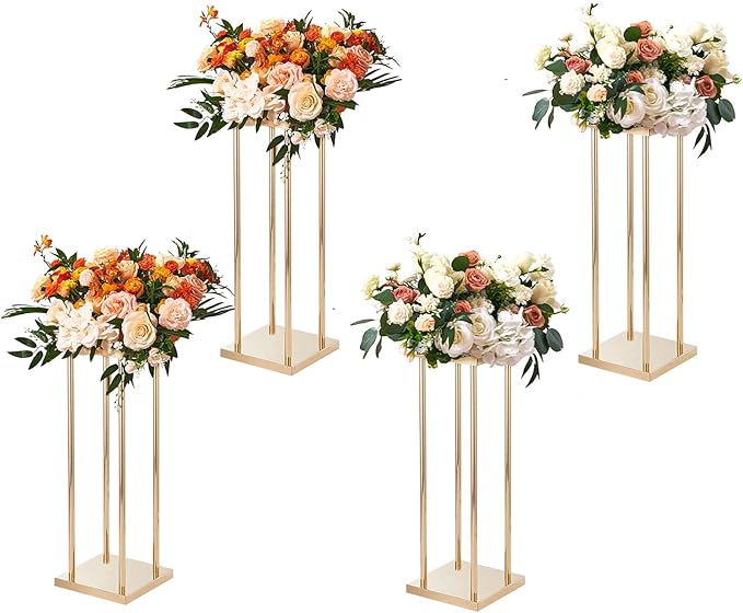 VEVOR 4PCS Gold Metal Column Wedding Flower Stand, 23.6inch /60cm High with Metal Laminate, Vase Geometric Centerpiece Sta...