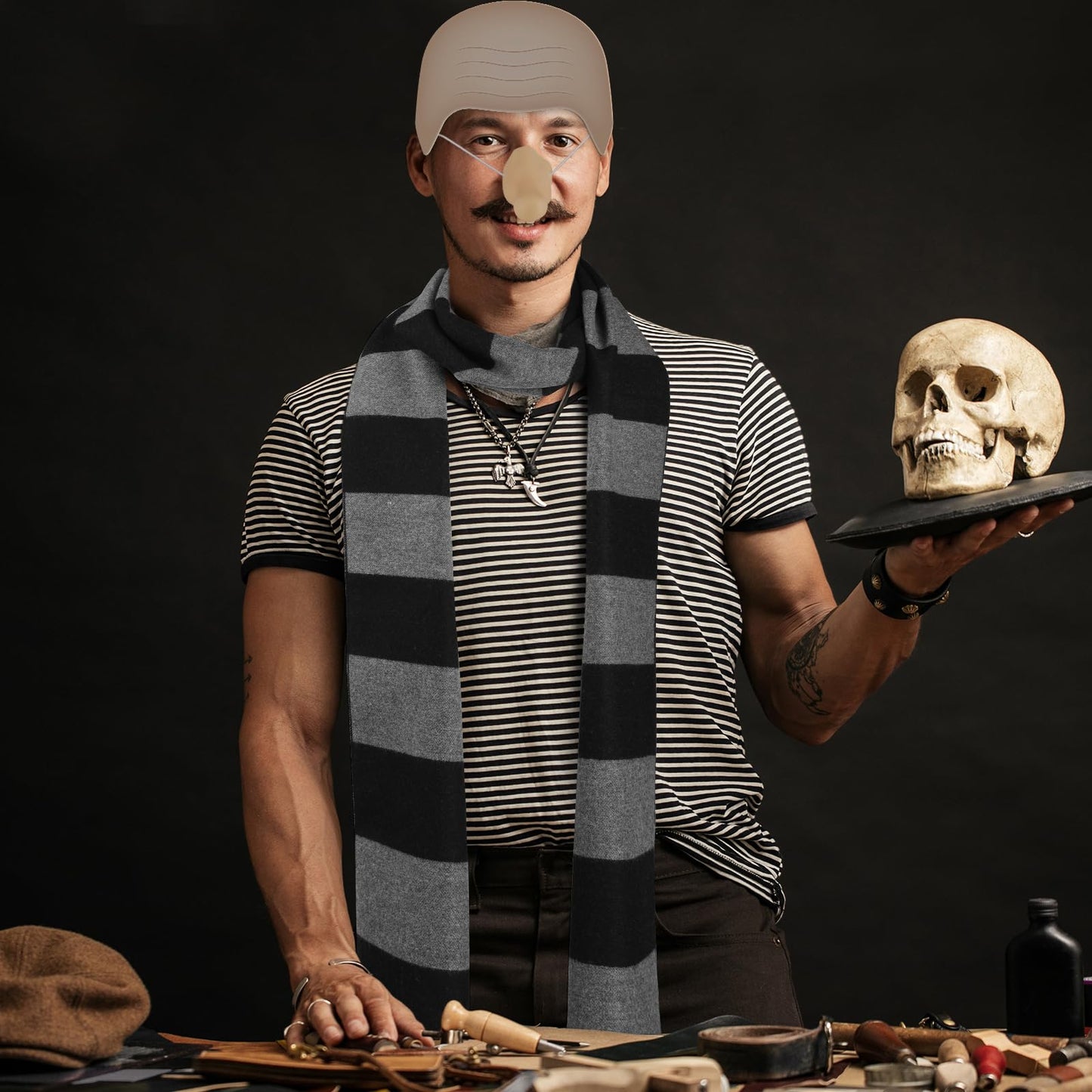 MEEZY 4 Pcs Cosplay Costume Accessories Adults Black Gray Striped Scarf with Nose Bald Cap for Men Halloween Cosplay Party Dress Up
