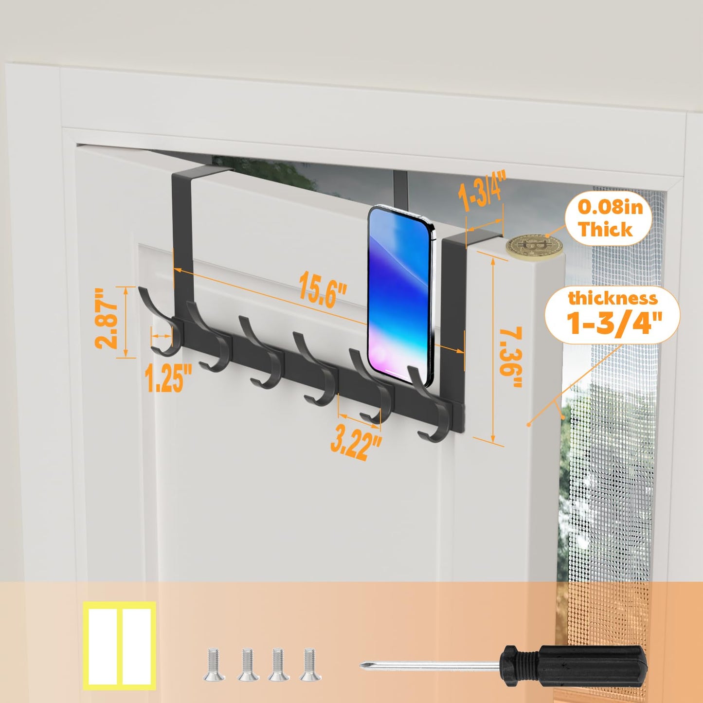 Peasulin Over The Door Hooks, Sturdy Door Hanger, Large Over The Door Towel Rack with 12 Hooks, Heavy Duty Easy to Install, for Bathroom, Bedroom，Kitchen，Hanging Towels, Coats (Black).
