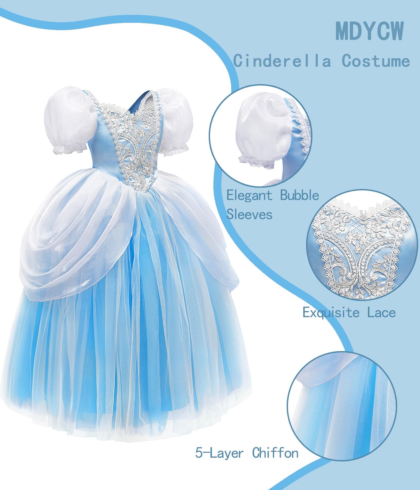 MDYCW Princess Cinderella Halloween Costume with Accessories for Girls, Birthday Party Fairy Dress Up