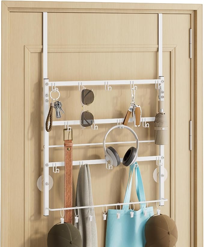 Consumest Over The Door Organizer - 4 Tier Door Hanger Hooks for Hanging Clothing, 24 Inches Long Coat Hanger for Bedroom, Bathroom, Laundry or Dorm Room, White