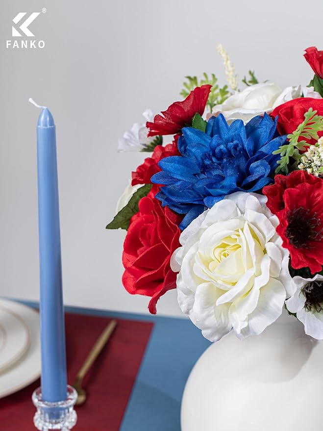 FANKO Artificial Flower Memorial Day Flowers, Mixed Red Blue White Silk Flowers Bouquet Fake Rose Blue Dahlia for Veterans Day Independence Day Grave Patriotic Decor