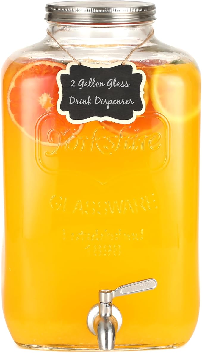 2 Gallon Glass Drink Dispensers, Large Glass Water Dispenser, Stainless Steel Leakproof Spigot and Lid, Drink Dispensers f...