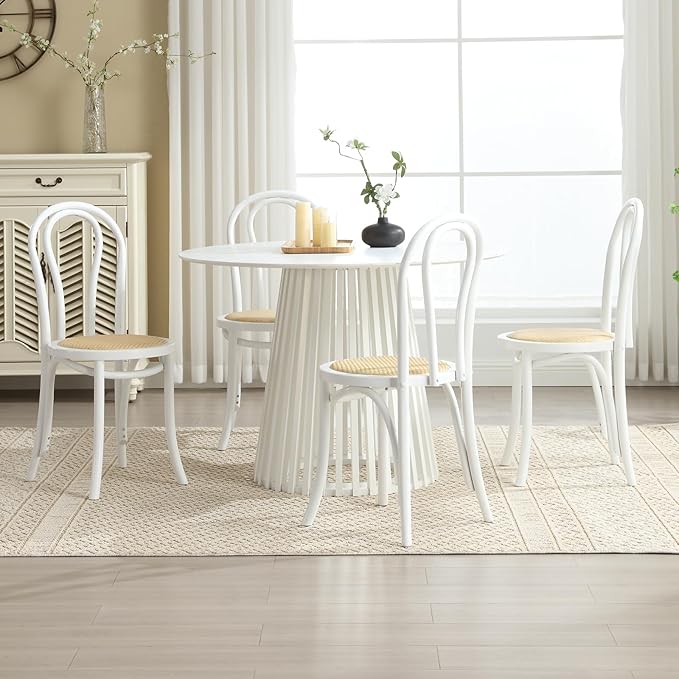 DM Furniture Rattan Dining Chairs Set of 2 Mid-Century French Bistro Chairs Solid Bentwood Wedding/Cafe Chairs with Backrest for Dining/Kitchen Room No Assembly Required, Home, White