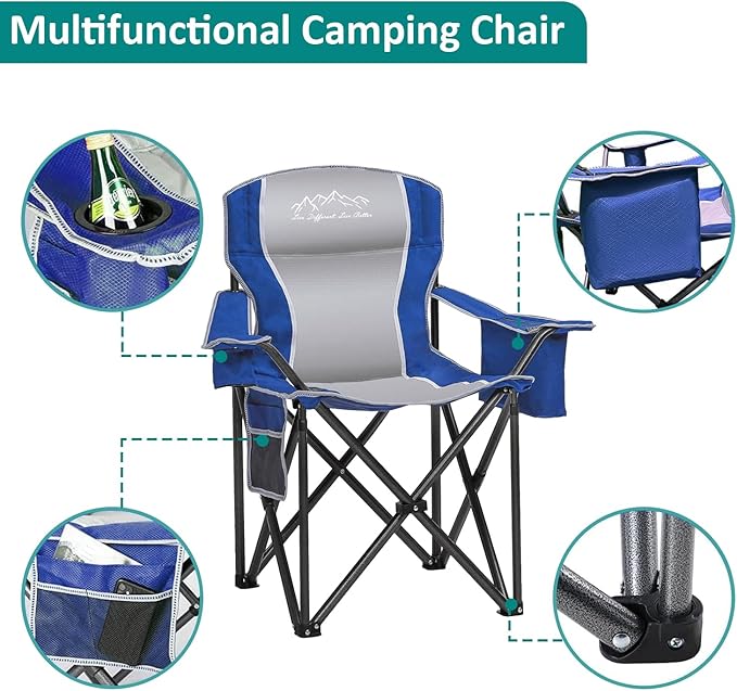 SAILARY Camping Chair Heavy Duty High Back Folding Chair with Cup Holder, 450lbs Capacity, Padded Seat, Cooler Bag & Storage Pocket, Portable for Outdoor, Beach, Fishing, Sports, Blue