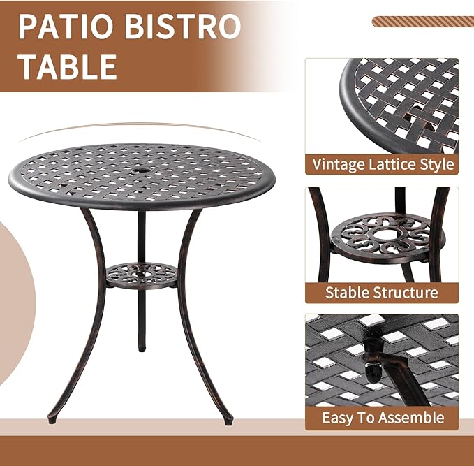 Withniture Bronze Patio Bistro Set - 3 Piece Outdoor Cast Aluminum Furniture, Large Table & Chairs, Weather Resistant, Adjustable Foot Pads, Umbrella Hole