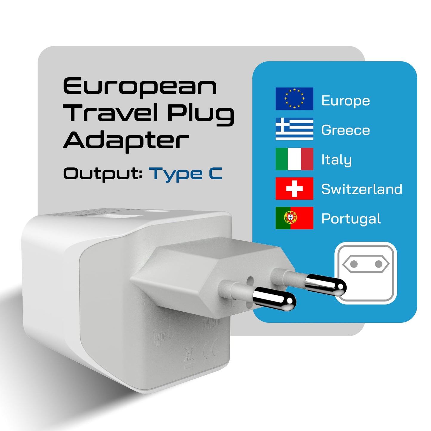 Ceptics 3 In 1 European Travel Plug Adapter - Compact Type C Adapter With Usb-A & Usb-C, Ideal For Phones, Laptops, Cameras & Mo