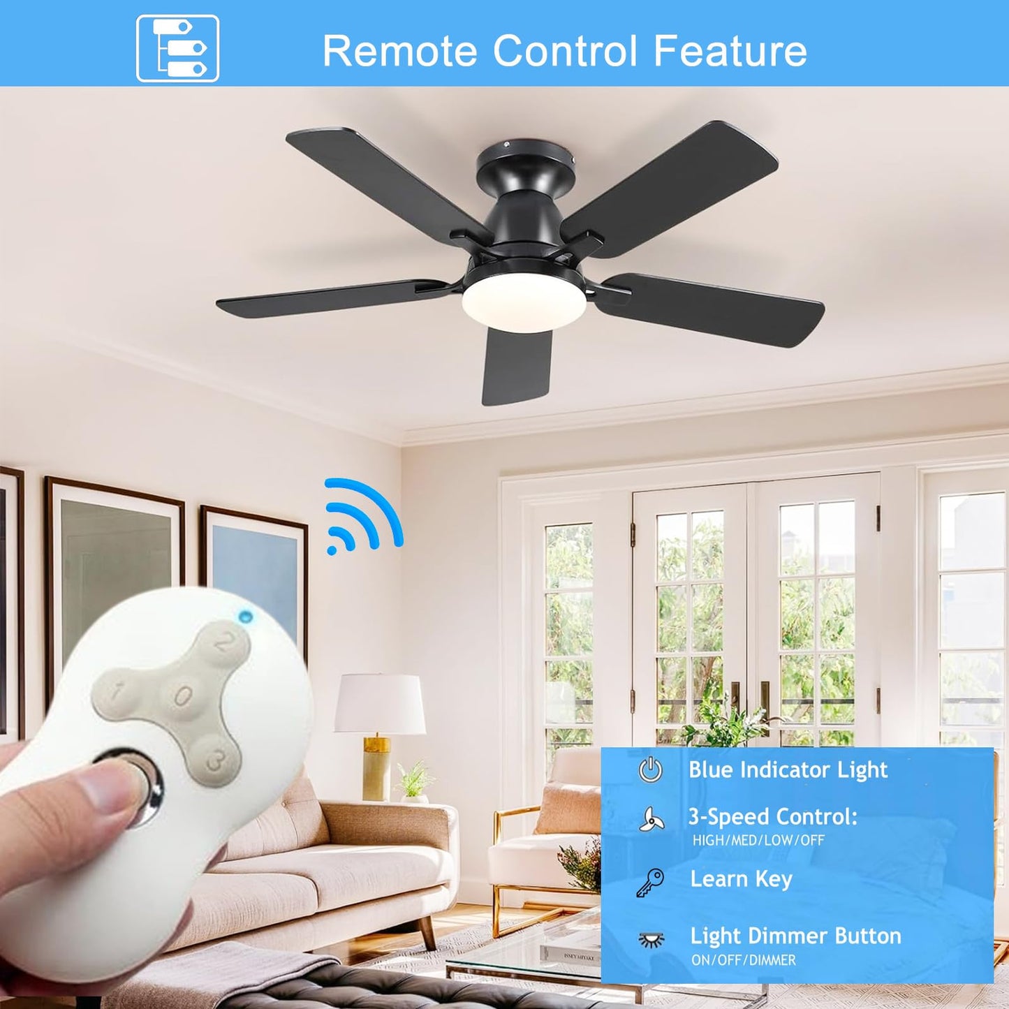 Replacement Remote For Hunter Ceiling Fan Remote Control 99122/99123, 3-Speed And Light Dimmer With Wall Mount,434Mhz (Remote On