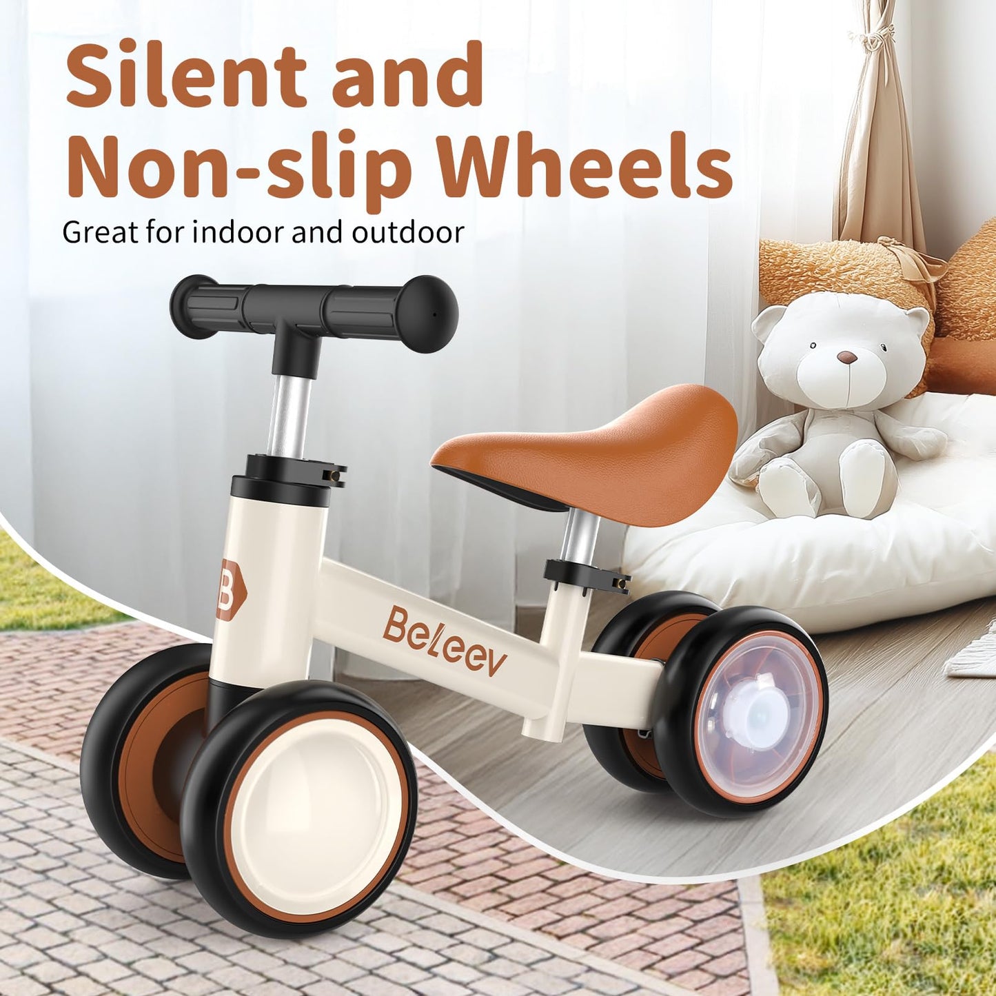 BELEEV Colorful Lighting Baby Balance Bike for 1-3 Year Old Boys Girls, Toddler Bike with Light-Up Wheels, Adjustable Seat & Handlebar, 135° Safe Limited Steer, First Gift for 10-36 Month(Brown)