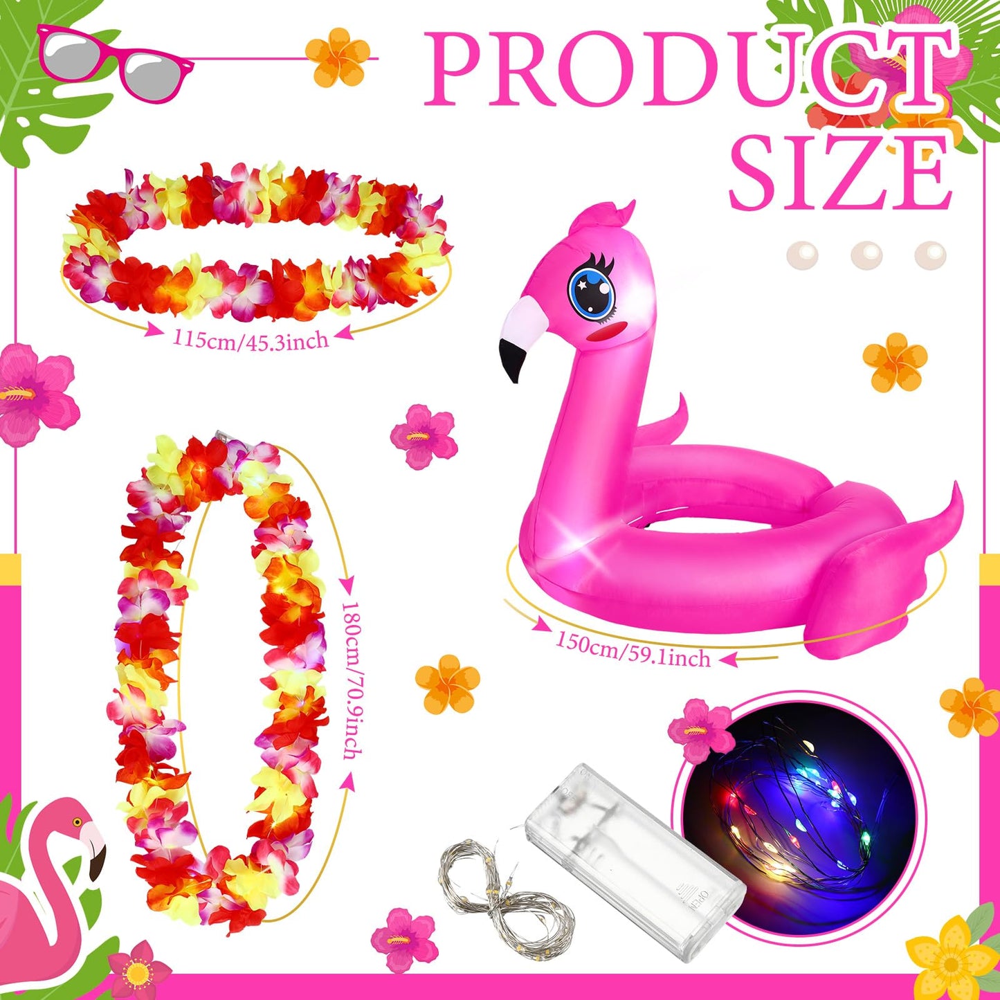Knitgrip 4 Pcs Summer Hawaiian 12 ft Skeleton Costumes Set Includes Inflatable Flamingo Swimming Ring with Light Hawaiian Leis Chest Ring Luau Flower Headpiece for Luau Party Garden Lawn Decor