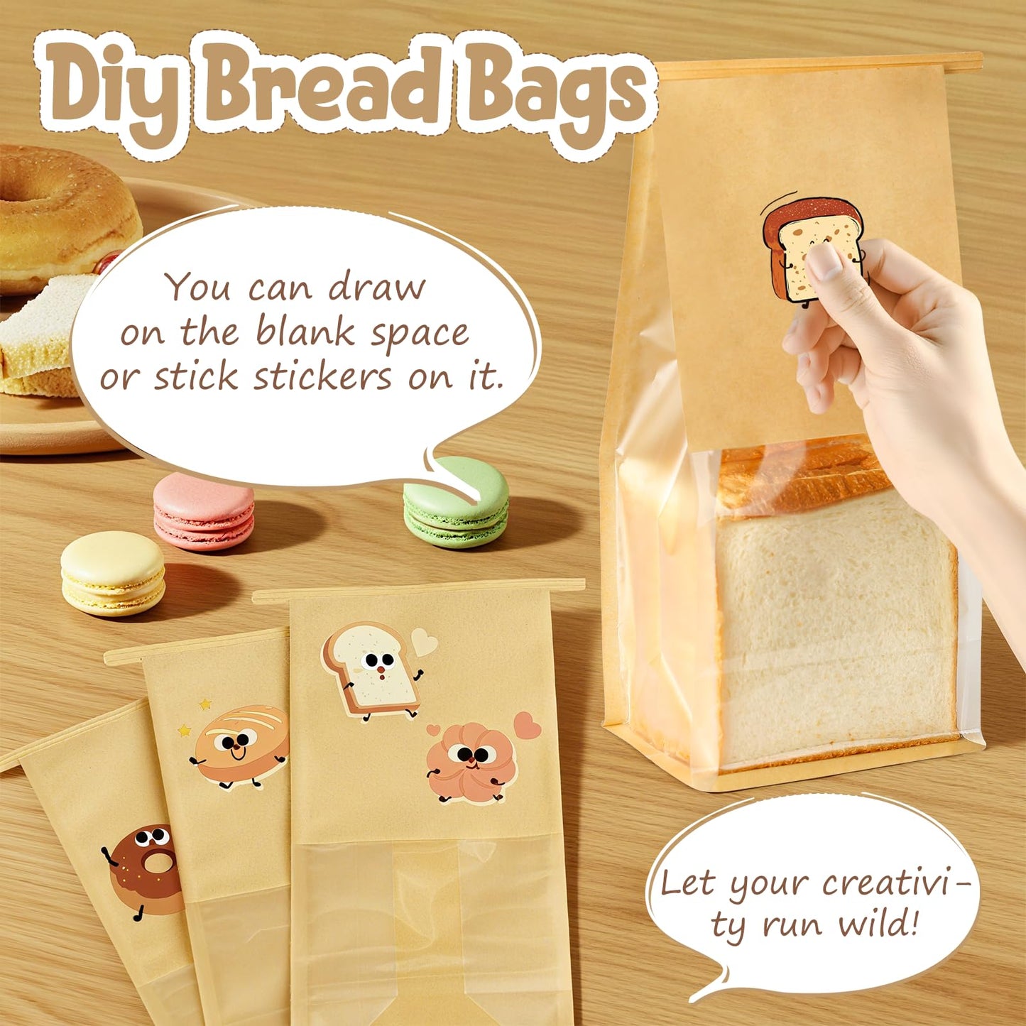 HONKID Bread and Cookie Bags with Seal, 50 Pack 11 x 5.1 x 3.9 Inches Bakery Bags with Window Reusable Tin Tie Tab Lock for Sealed Baked Goods Packaging for Pastry Bagels Breads Goodies Cookie Brown