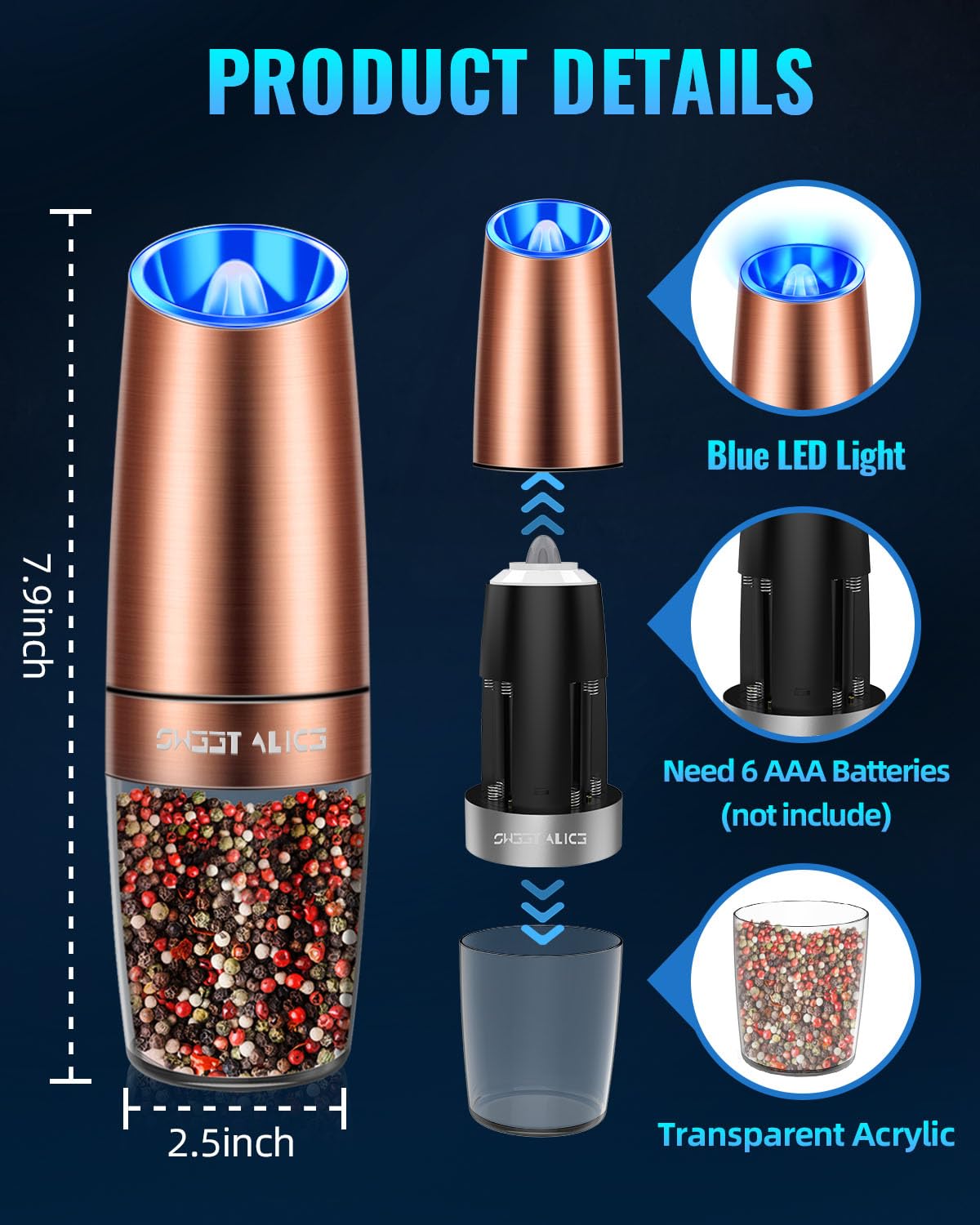 Sweet Alice Gravity Electric Pepper/Salt Grinder, Salt or Pepper Mill, Adjustable Coarseness, Battery Powered with LED Light, One Hand Automatic Operation, Stainless Steel (Single/Copper)