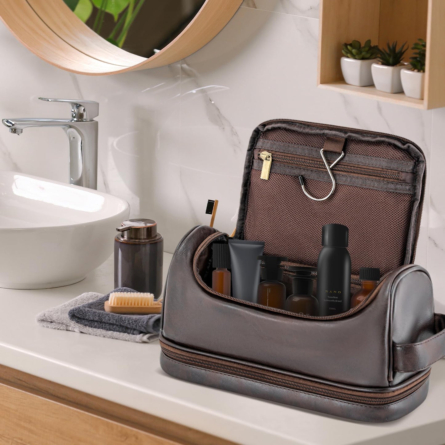 Aganmi Personalized Christmas Birthday Gifts Toiletry Bag for Men Dad Husband, Custom Initial PU Leather Waterproof Toiletry Organizer Dopp Kit Shaving Bag Travel Essential for Men, Dark Brown J