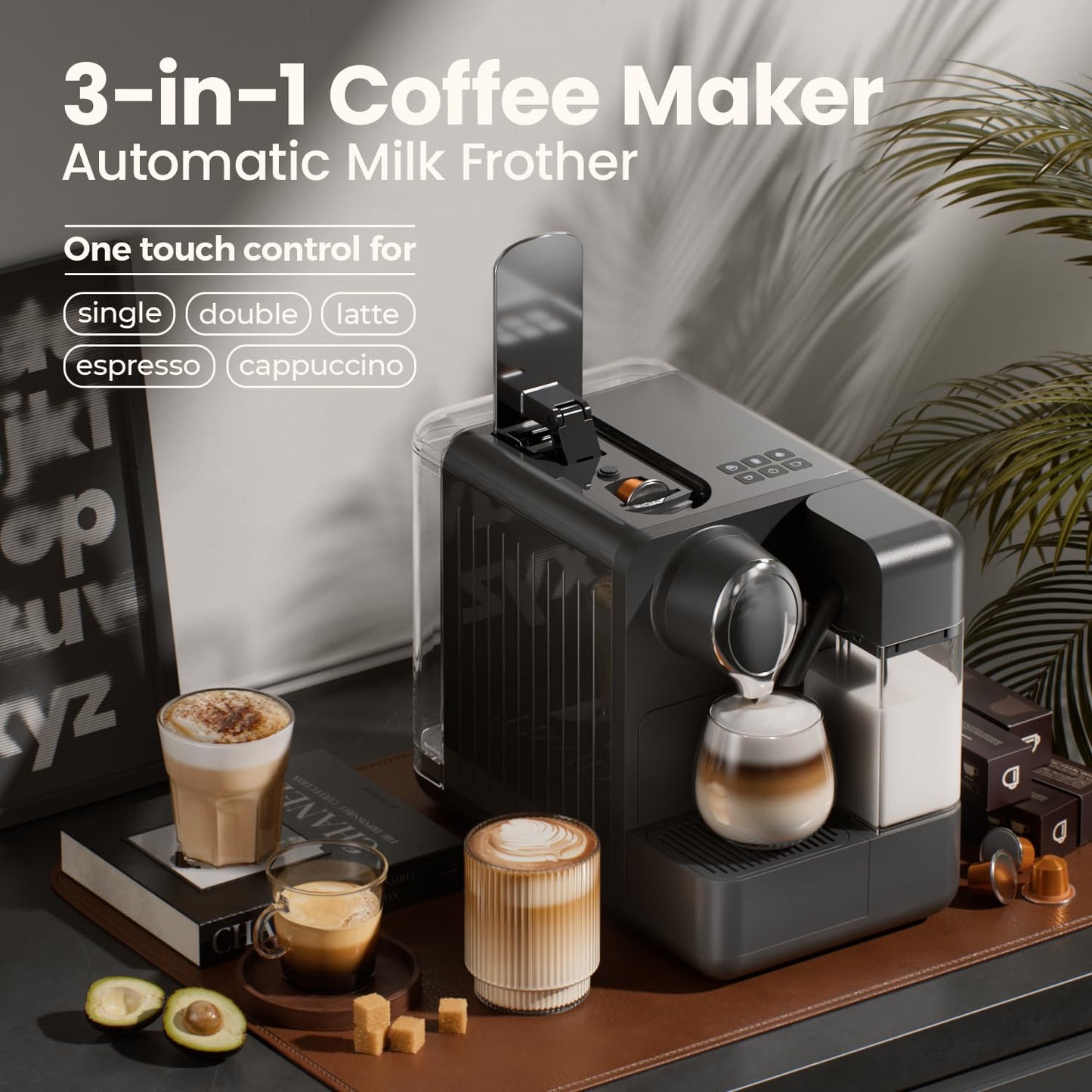 JZ.CAFE Espresso Machine with Integrated Automatic Milk Frother - Single-Serve Coffee Maker Capsule Compatible, One Touch Latte & Cappuccino, Single or Double Shot Espresso Maker