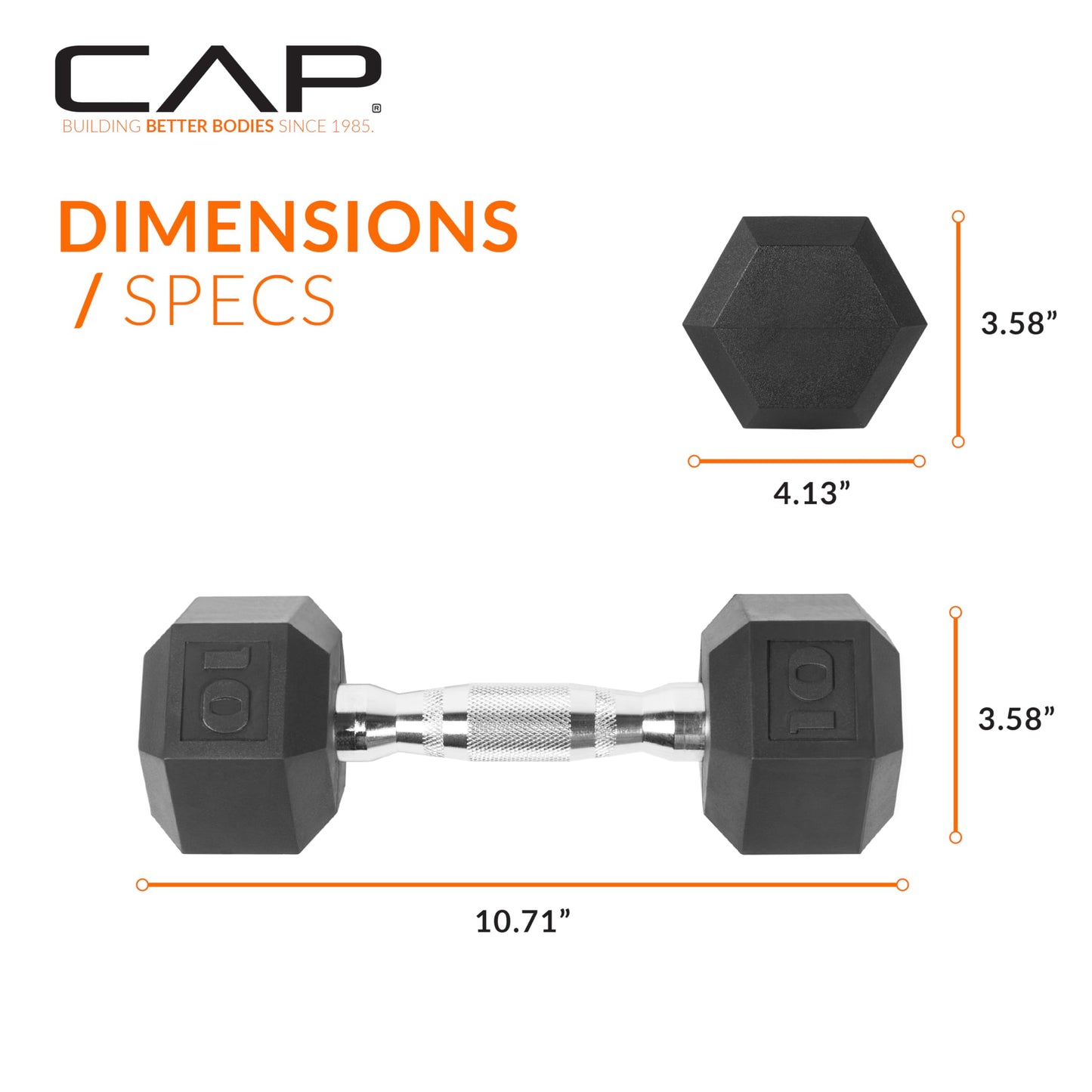CAP Barbell 10 LB Rubber Coated Hex Dumbbell Hand Weight - Pair | Chrome Handle
