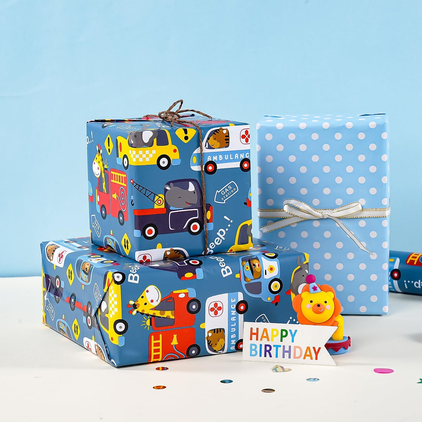 WRAPAHOLIC 30 Inch Jumbo Reversible Car Wrapping Paper - 30 Inch x 33 Feet - Adorable Police Car Fire Trucks Animal Wrapping Paper for Kids Boys Birthday, Baby Shower