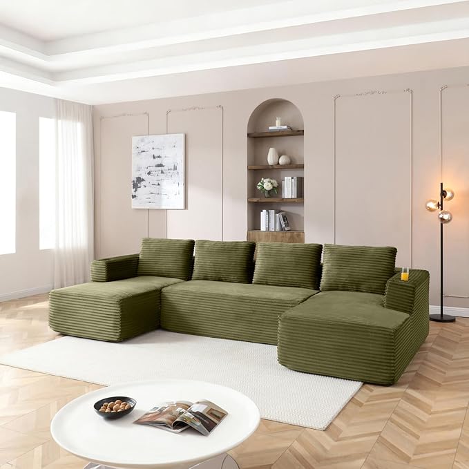 132" Modular Sectional Sleeper Sofa, Boneless Cloud Couch for Living Room, U Shaped 5 Seat Sofa with 2 Cup Holders, Free Combination, No Assembly Required (Green)
