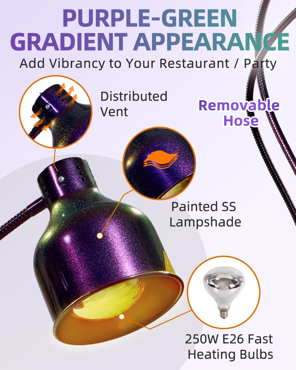 RVGMBO Food Heat Lamp - [3 Bulbs Included] [Rapid-Heating], 500W Commercial Food Warmer Light, Heat Lamp for Food Catering Warming Lamp for Buffet Parties, Purple-Green Gradient