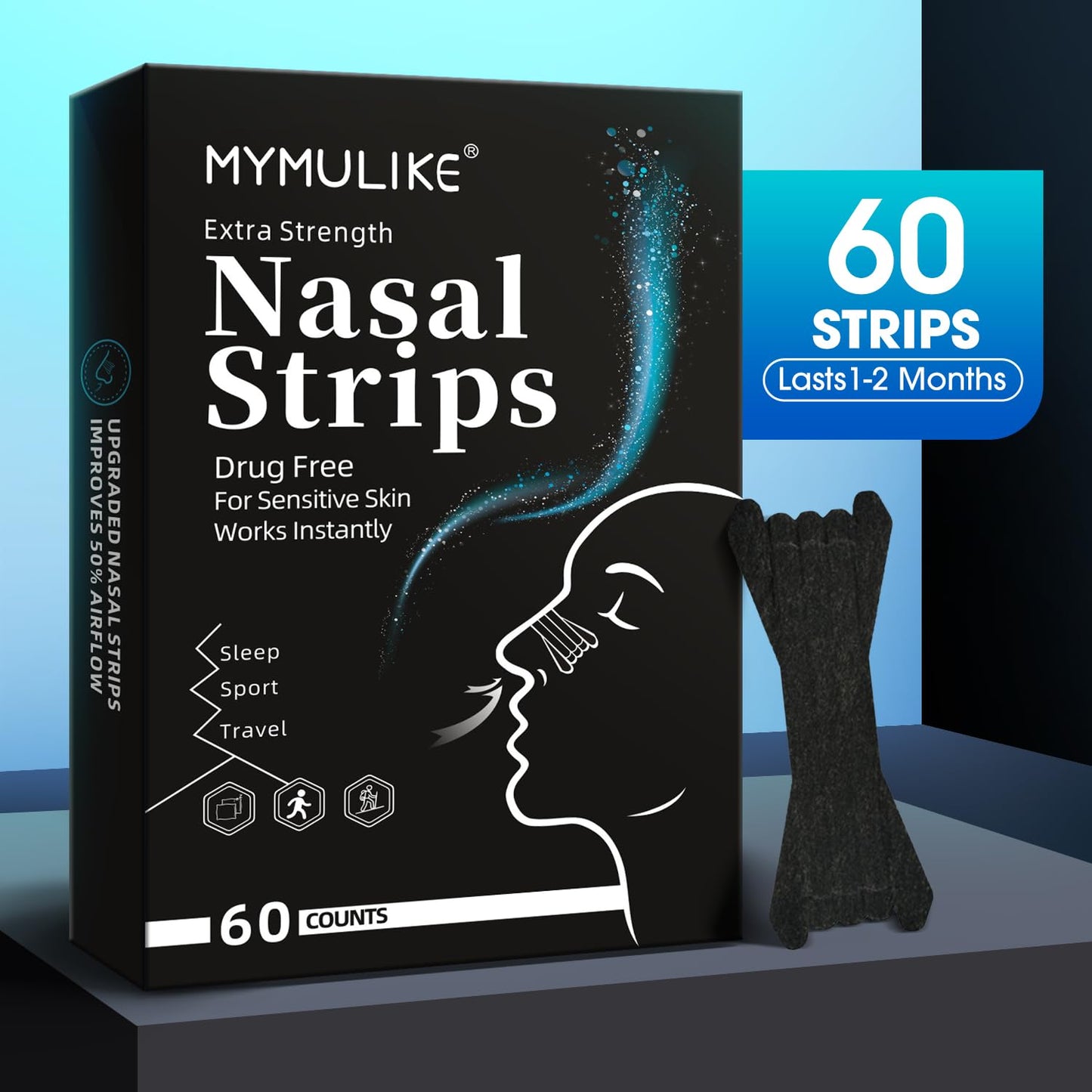 MYMULIKE Nasal Strips for Snoring, 60 Count Nose Strips for Breathing- 3X Stronger Opening | Triple Elastic Bands, Reduce Snoring & Nasal Congestion, Nose Patches for Sleep, Work, Sport, Travel