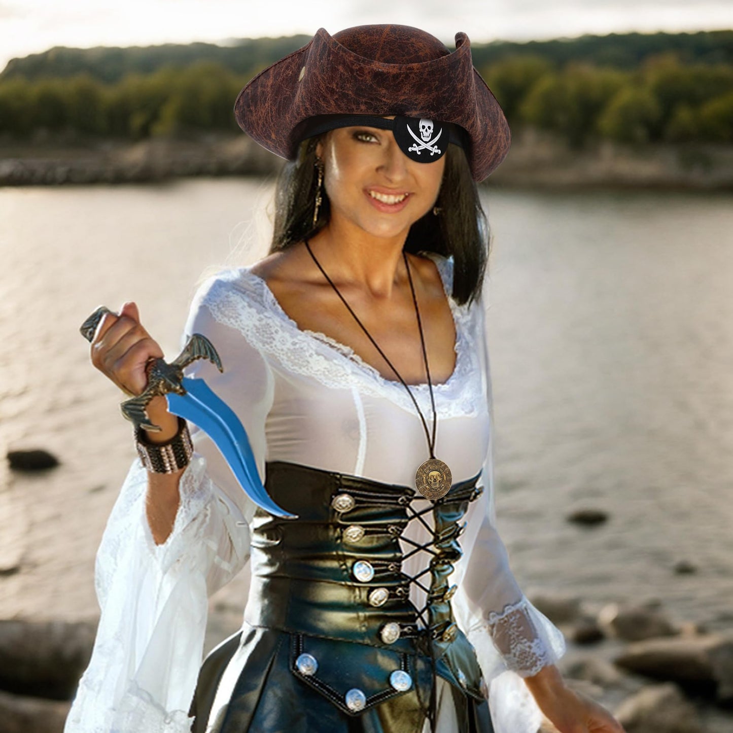 Renaissance Pirate Hat Costome Decoration Halloween Exchange For Male Female Tricorn Hat With Eye Patch & Necklaces