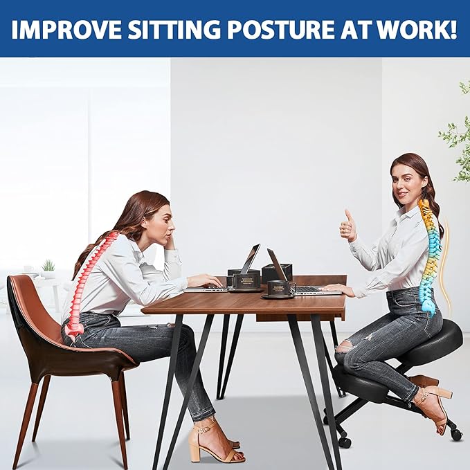 Ergonomic Office Kneeling Chair, Height Adjustable Stool with Thick Foam Cushions and Smooth Gliding Casters to Improve Posture and Relieve Pain, Multifunctional Design for Home and Office