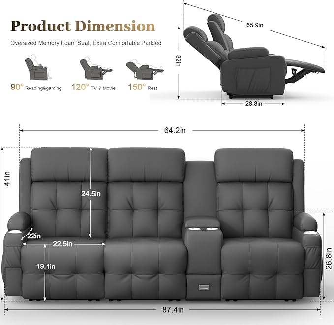 Aotolo Recliner Sofa, Massage Reclining Sofa 3 Seater Sets Heavy Weight Capacity, RV Loveseat Couch Clearance with Console, USB, Type C Port, Storage, Cup Holders, Wall Hugger Chair for Living Room