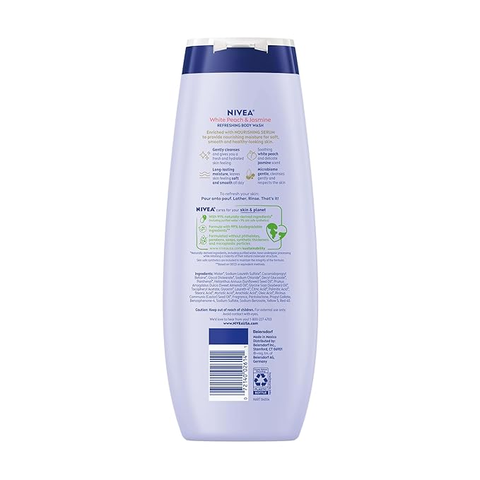 NIVEA Refreshing White Peach and Jasmine Body Wash with Nourishing Serum, Scented Body Wash for Women, Enriched with Provitamin B5 and Vitamin E, 20 Fl Oz Bottle (Pack of 2)