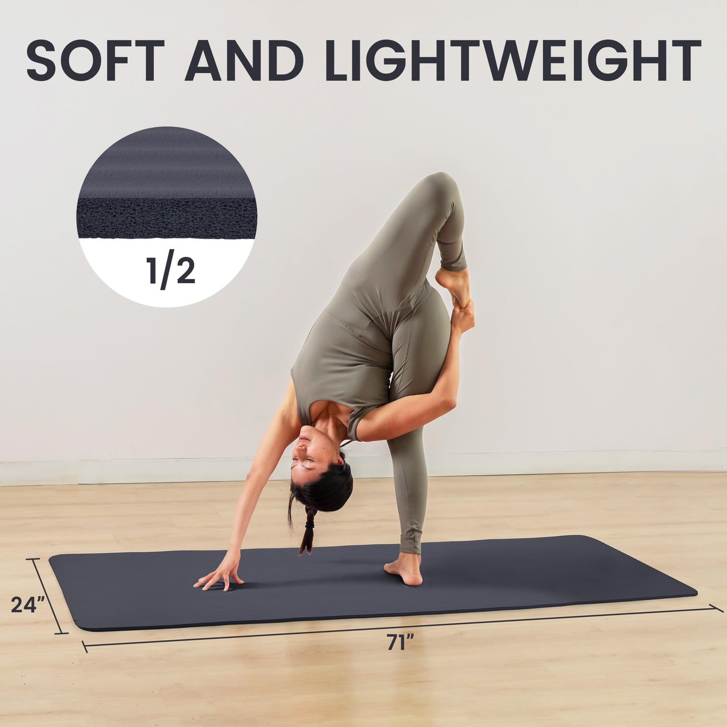 Fitvids 1/2-Inch Thick High Density Foam Exercise Yoga Mat with Carrying Strap, For Cushioning The Body Against Hard Floors, Graphite