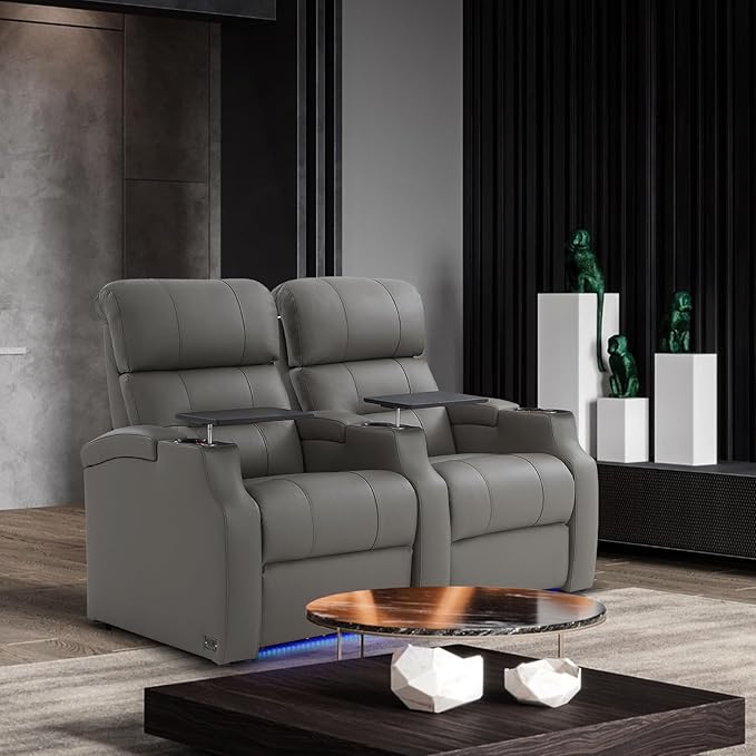 Weilianda Home Theater Seating, Top Grain Leather Sectional Seats Recliner Chair, Zero Gravity Reclining Sofa with Power Headrest 7 Colors Ambient Lighting USB C Charge Row of 6 Grey
