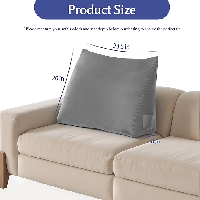 WOWMAX Back Pillow for Bed Sitting up-Bed Wedge Pillow Back Support Pillows for Bed & Sofa Couch, Velvet(100% Cotton), Light Gray