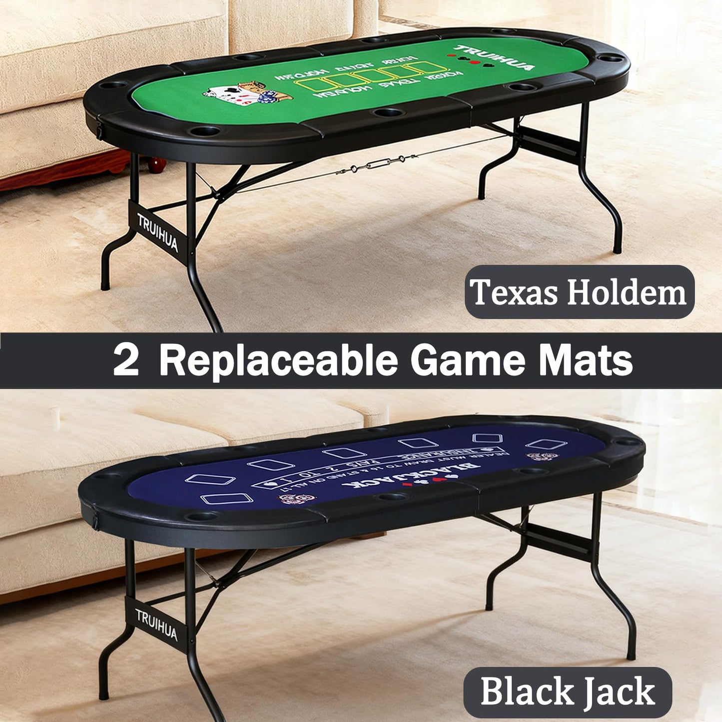 8 Player Folding Poker Table with 2 Interchangeable Game mats, Texas Holdem Poker and Blackjack, Collapsible Casino Table with Padded Rails and XXL Cup Holders for Wine and Whiskey Glasses (71 inch)