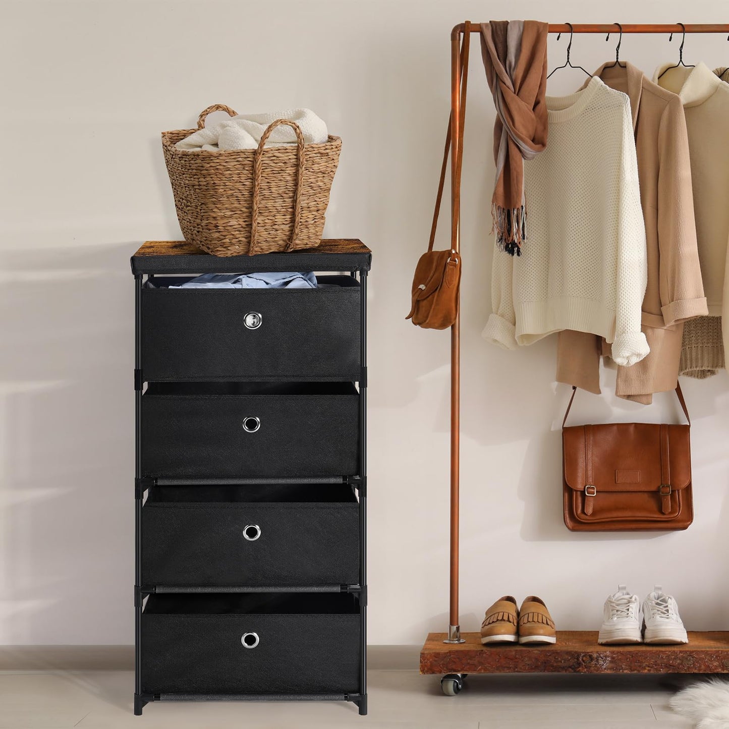 MOOACE Fabric Storage Dresser with 4 Drawers, Small Chest of Drawers Clothes Organizer and Storage Tower for Bedroom, Fabric Storage Bin Organizer, Black