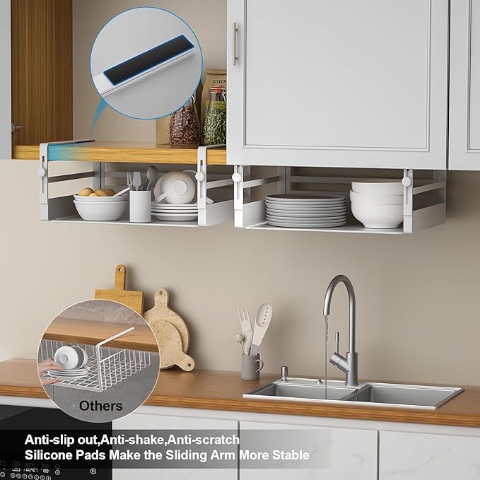 2 Pack Under Shelf Storage Basket Organizer,Adjustable Hanging Under Cabinet Add-on Storage Racks Slide-in Baskets Organizer for Laundry Room Kitchen Pantry Desk Bookshelf, White