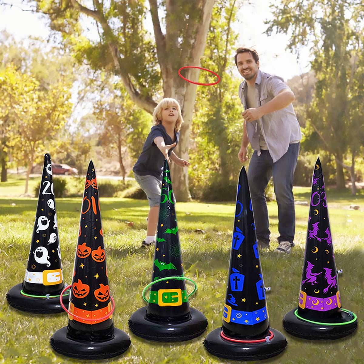 Poptrend 5PK Halloween Inflatable Witch Hat Ring Toss Game With Air Pump - Games Toys for Kids Adults, Decorations