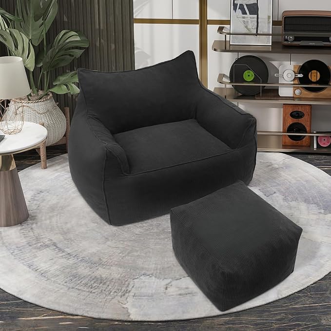 YOURLITE Bean Bag Chair for Adults with Footrest, High-Resilience Foam Filled Bean Bag Sofa with Armrests and Backrest, Comfy Corduroy Floor Sofa for Living Room, Bedroom or Balcony (Dark Grey)