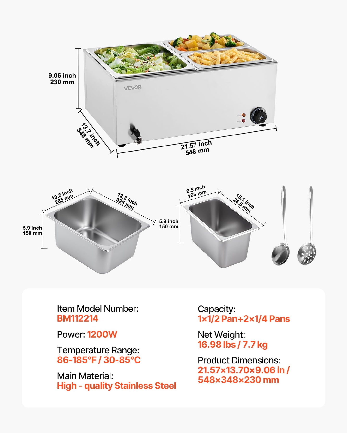 VEVOR 3-Pan Commercial Food Warmer, 24QT Electric Steam Table, 1200W Professional Countertop Stainless Steel Buffet Bain Marie with 86-185°F Temp Control for Catering and Restaurants, Silver