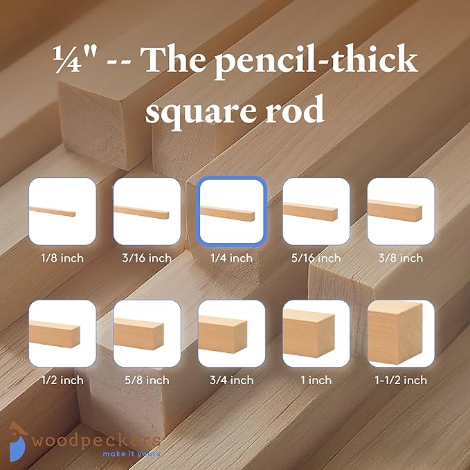 Wood Square Dowel Rods 1/4-inch x 36 Pack of 10 Wooden Craft Sticks for Crafts and Woodworking by Woodpeckers