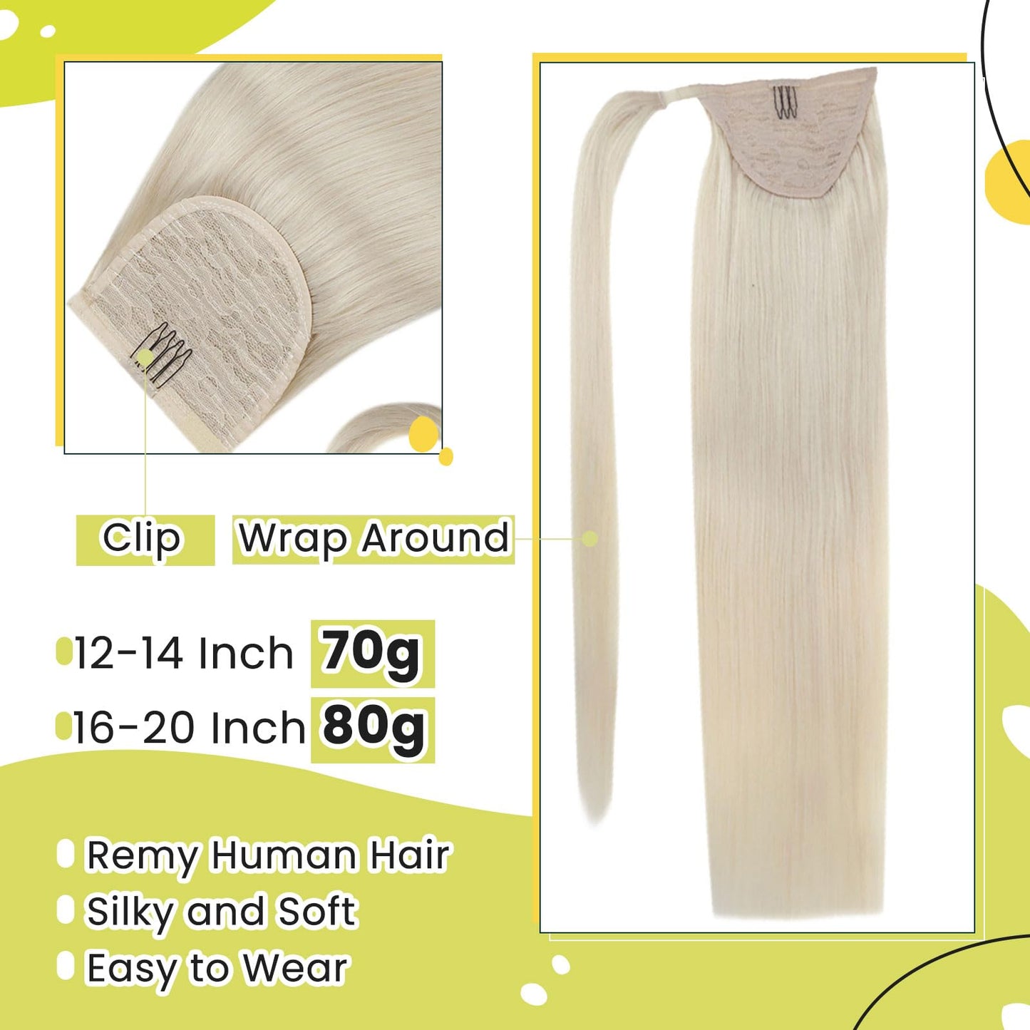 RUNATURE Blonde Ponytail Extension Human Hair, Wrap Around Real Hair Ponytail Extension, Clip in Real Human Hair Ponytail for Lo