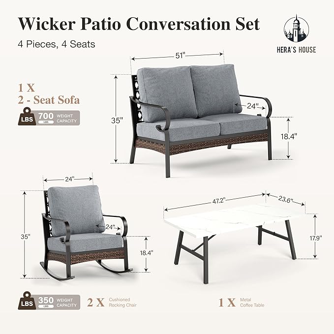 HERA'S HOUSE 4 Piece Metal Patio Furniture Set, 2 x Rocking Cushioned Chair, 2-Seat Lover Sofa with Coffee Table, All Weather Outdoor Conversation Set for Lawn Garden Backyard Deck, Grey