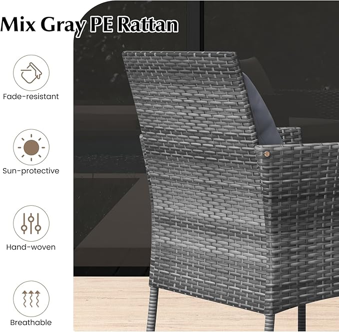 Tangkula 3-Piece Patio Furniture Set, PE Wicker Conversation Bistro Set w/A Tempered Glass Table & 2 Cushioned Chairs, Outdoor Table & Chairs Set for Patio Porch Yard Garden (Mix Gray+Off White)