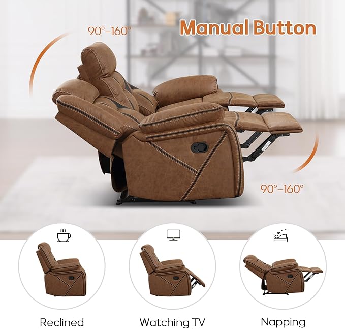 EBELLO Manual Recliner Sofa Set, Faux Leather Reclining Living Room Furniture Set, Included Recliner Chair and 3 Seat Manual Recline Sofa, Brown