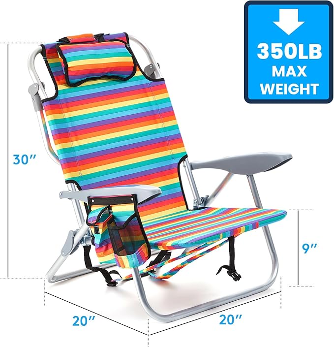 Canpsky Portable Beach Chair for Adults, Outdoor Camping Chair Lay Flat Folding Backpack Beach Reclining Chair with 5 Positions, Headrest, Cup Holder, Heavy Rainbow Striped