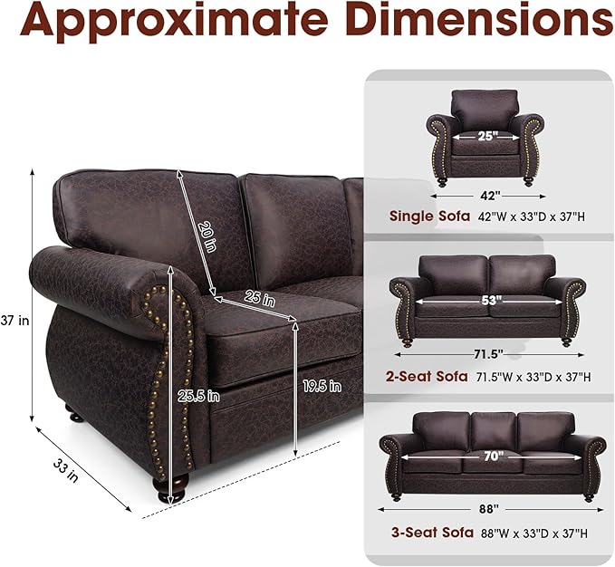 Couchus Living Room Furniture Sets,Sofa Sets and Couch Sets for Living Room,Mid-Century Vintage Sofa Couches with Rivet Design (Brown, Loveseat+3 Seater)