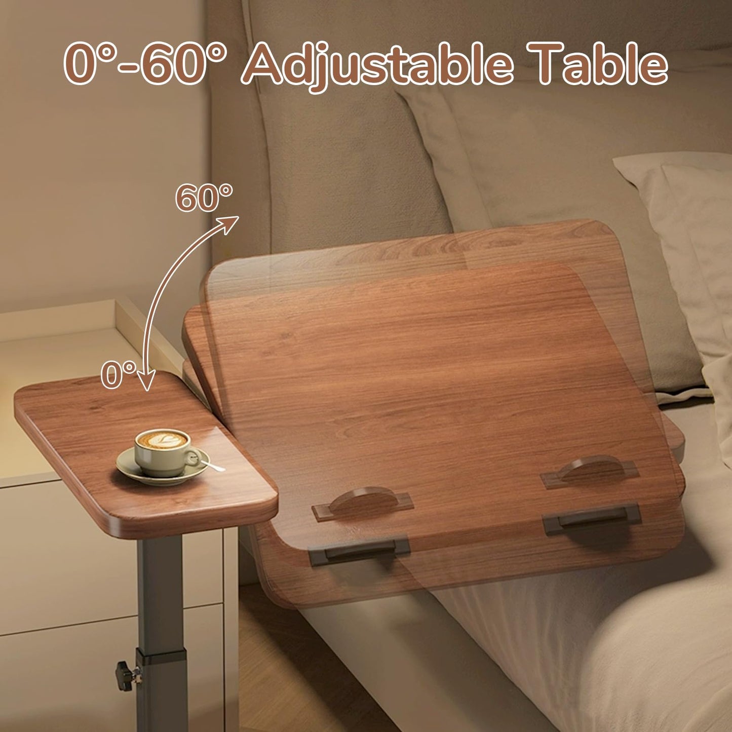Overbed Bedside Table with Wheels, Right Side Hospital Over Bed Table with Tilt Top, Mobile Standing Desk Adjustable Height, Rolling Laptop Desk for Home Office