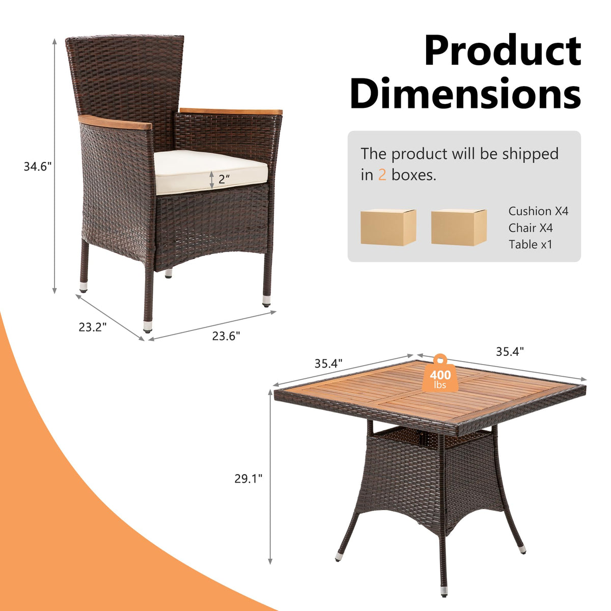 RoyalCraft 5 Piece Patio Wicker Dining Sets for 4, Water-Resistant Rattan Outdoor Dining Table and 4 Chairs with Wood Table Top, Conversation Set for Deck, Garden, Backyard, Removable Cushions, Brown