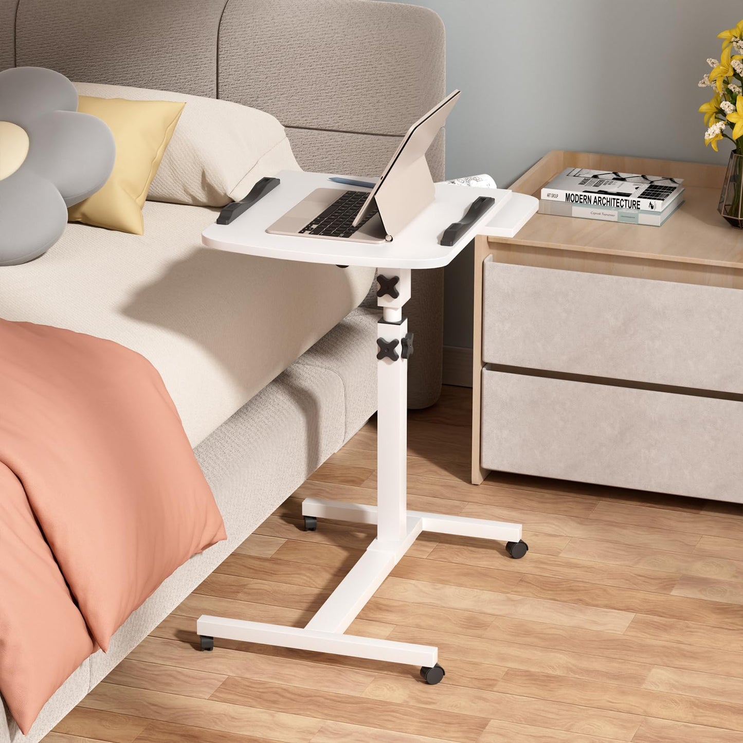 UDIYO Bed Side Table, Height Liftable Overbed Bedside Table with Wheels, Adjustable Tilt Hospital Bed Table, Foldable Over Bed Table for Home，White Black 1