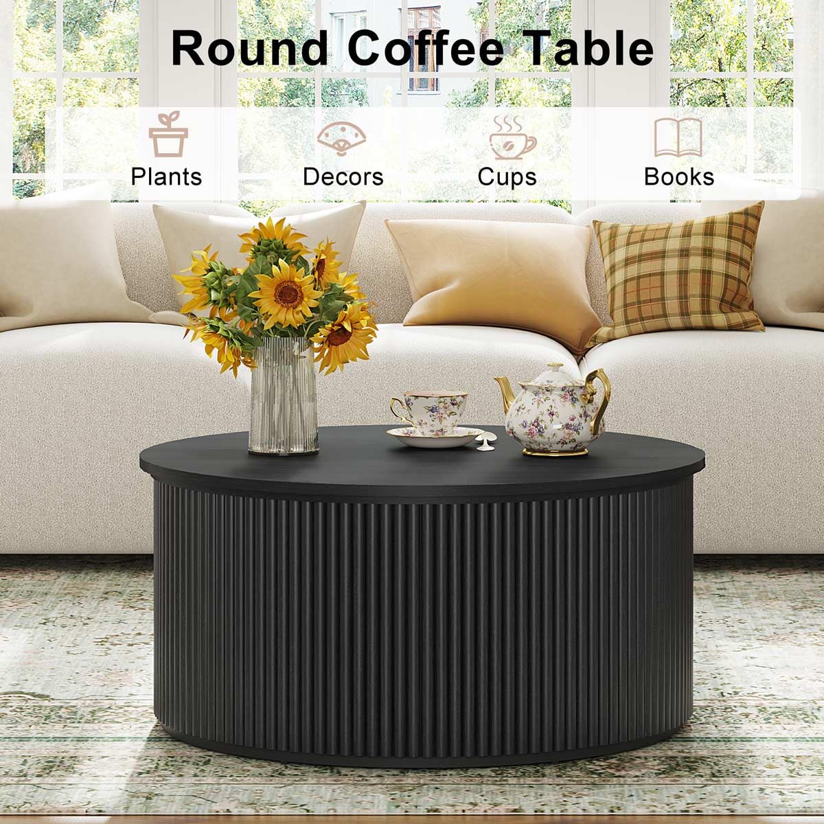 FATORRI Round Coffee Table with Storage, Fluted Wooden Center Table, Circular Mid-Century Modern Coffee Table for Small Space, Living Room, Bedroom, 31.5 Inch, Black