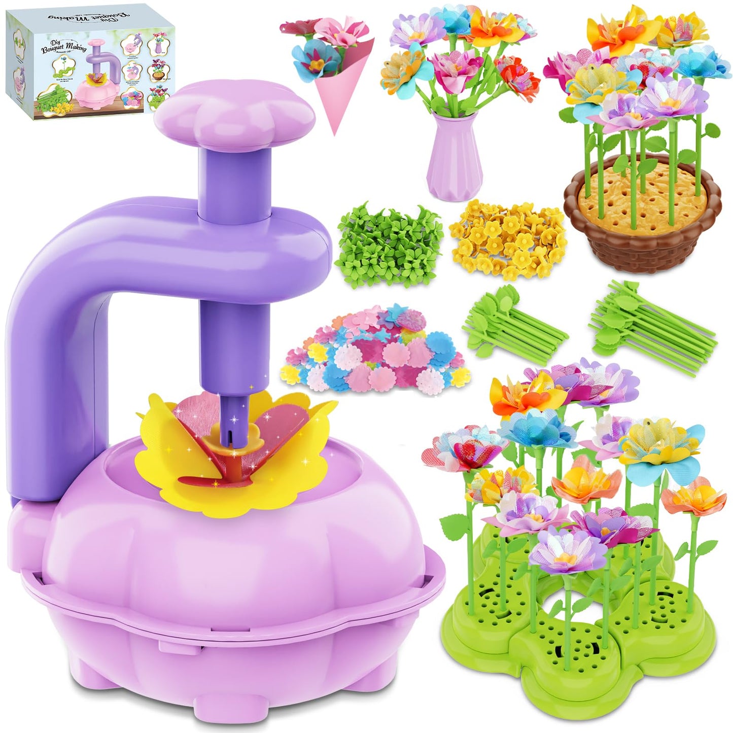FUNZBO Fabric Flower Bouquets Toys Craft Kit, DIY Arts and Crafts for Kids Ages 4-6-8, Flower Making Toys for 4 5 6 7 8+Year Old Girl Birthday Gifts Ideas, Creative Activity Craft Flowers fot Toddler