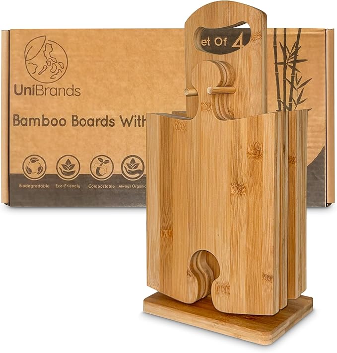 UniBrands 4pcs Bamboo Boards Set with Stand, charcuterie, serving, platters.